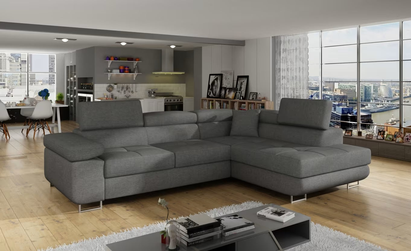 Antony - Grey Corner Sofa with Sleeping Function & Storage Left or Right width 272 cm