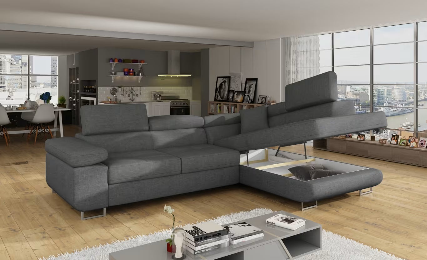 Antony - Grey Corner Sofa with Sleeping Function & Storage Left or Right width 272 cm