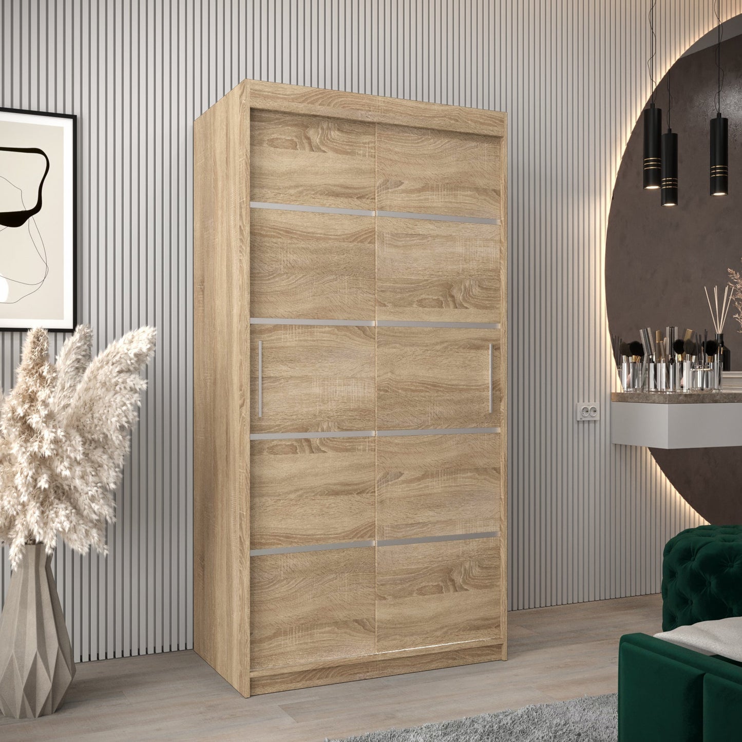 VERONA - Sliding Door Wardrobe in SONOMA OAK with Shelves and 2 Rails width 100 cm