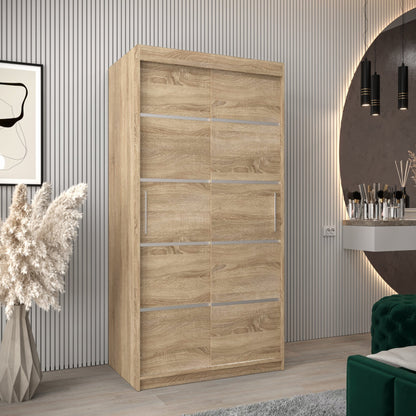 VERONA - Sliding Door Wardrobe in SONOMA OAK with Shelves and 2 Rails width 100 cm