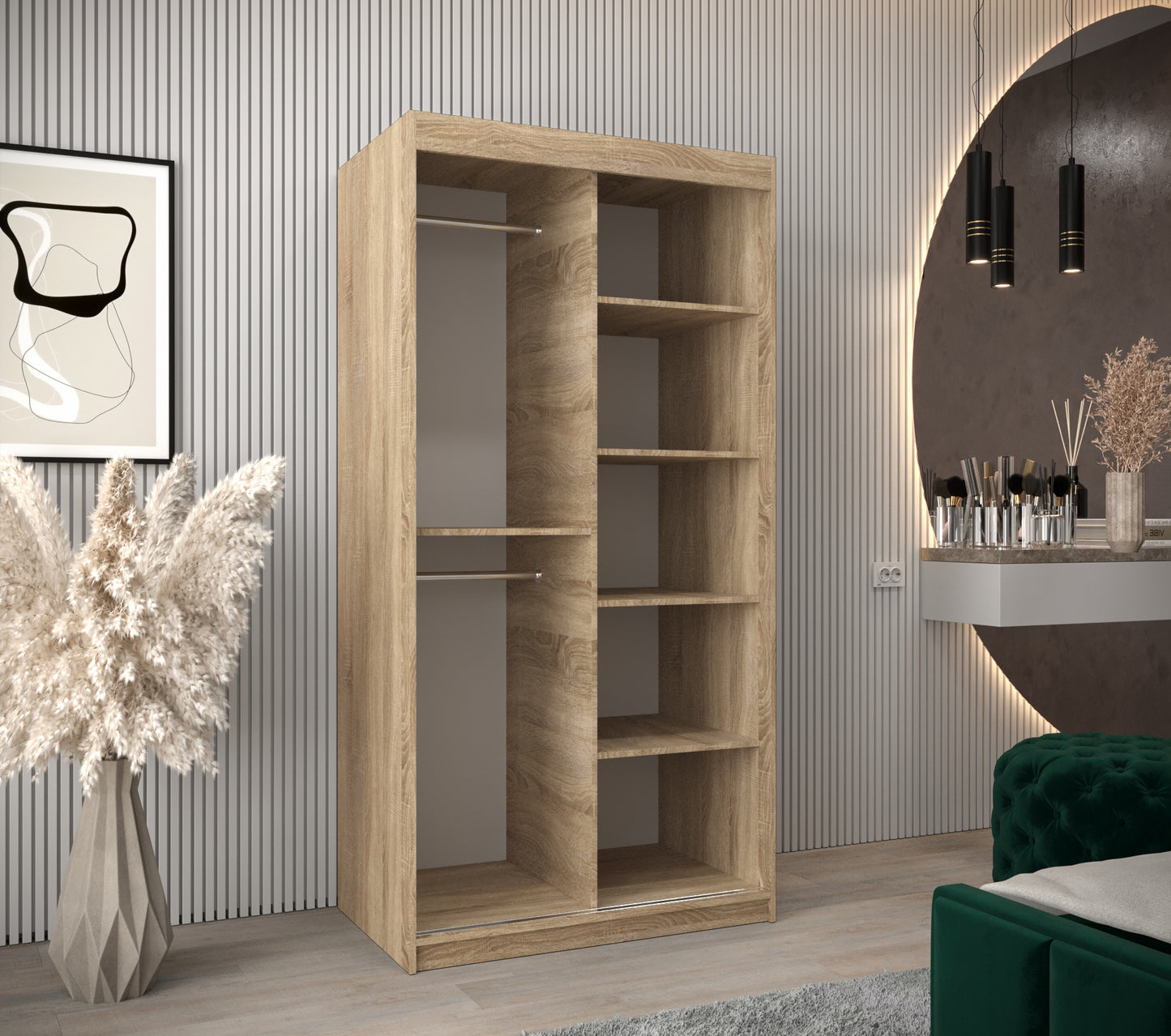 VERONA - Sliding Door Wardrobe in SONOMA OAK with Shelves and 2 Rails width 100 cm