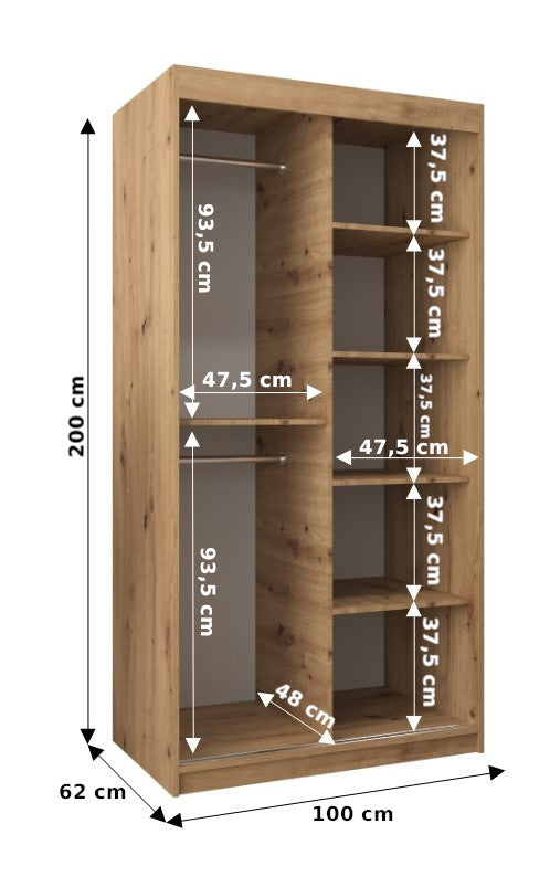 VERONA - Sliding Door Wardrobe in SONOMA OAK with Shelves and 2 Rails width 100 cm