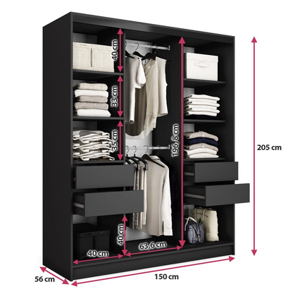 LOFT Lamel with Mirror - 3 Sliding Doors Wardrobe with Shelves Hanging Rails Drawers width 150 cm