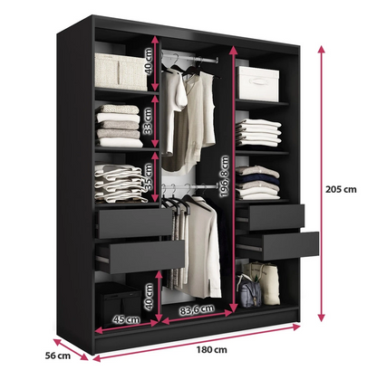 LOFT Lamel with Mirror - 3 Sliding Doors Wardrobe with Shelves Hanging Rails Drawers width 180 cm