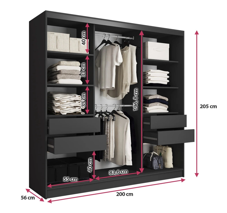 LOFT Lamel with Mirror - 3 Sliding Doors Wardrobe with Shelves Hanging Rails Drawers width 200 cm