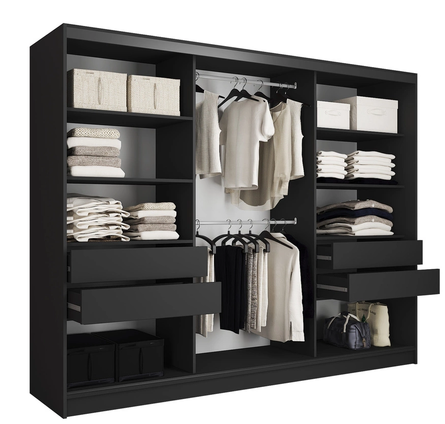 LOFT Lamel with Mirror - 3 Sliding Doors Wardrobe with Shelves Hanging Rails Drawers width 250 cm