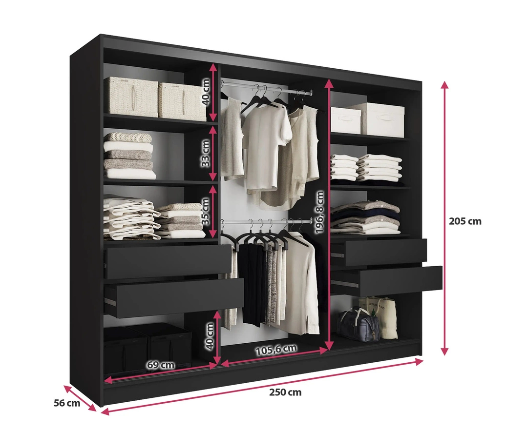 LOFT Lamel with Mirror - 3 Sliding Doors Wardrobe with Shelves Hanging Rails Drawers width 250 cm