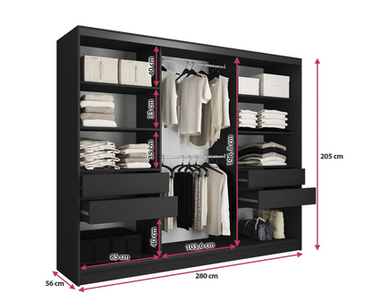 LOFT Lamel with Mirror - 3 Sliding Doors Wardrobe with Shelves Hanging Rails Drawers width 280 cm