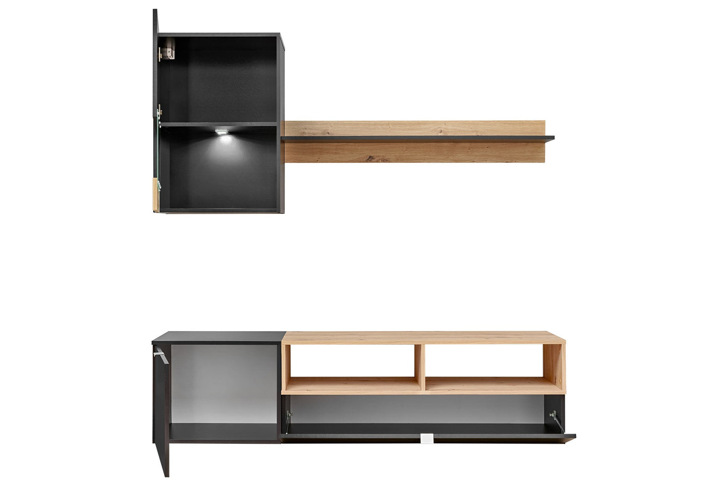 MINI Wall Unit - Compact Modern Design with LED, Black & Oak Finish, Space-Saving Storage Solution