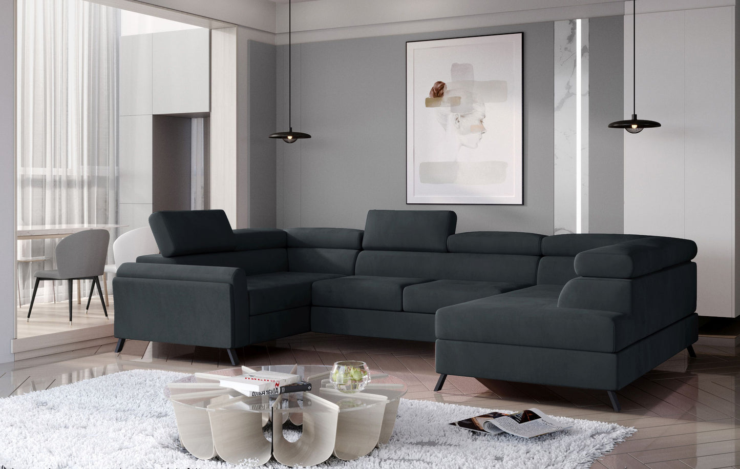 ESCADA U-Shape Corner Sofa with Sleeping Function Storage, Various Colours Velvet Width 336 cm