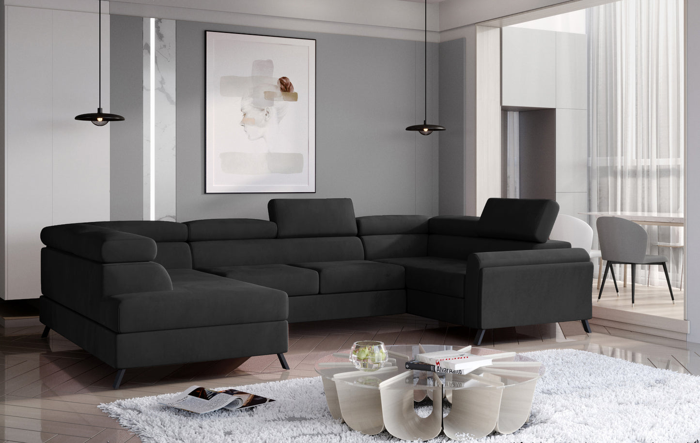 ESCADA U-Shape Corner Sofa with Sleeping Function Storage, Various Colours Velvet Width 336 cm