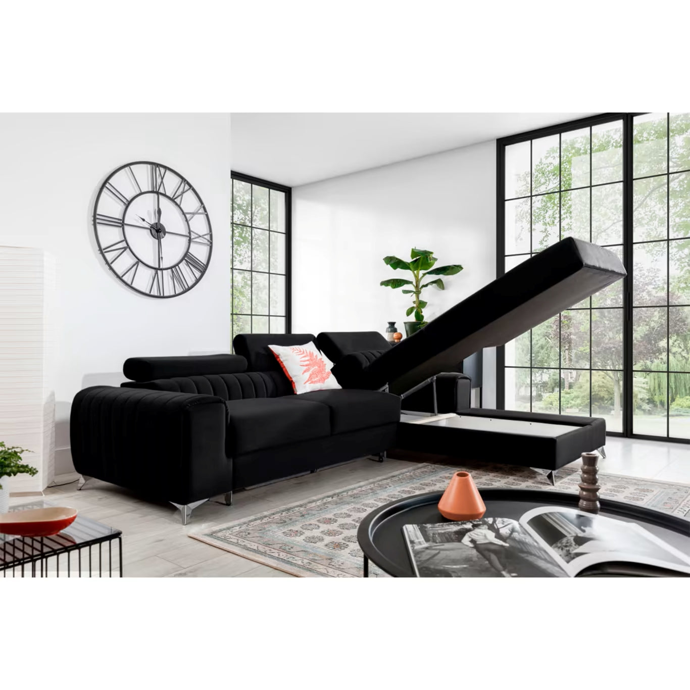 Gravson - Corner Sofa with Sleeping Function Storage Black Velvet width 278 cm