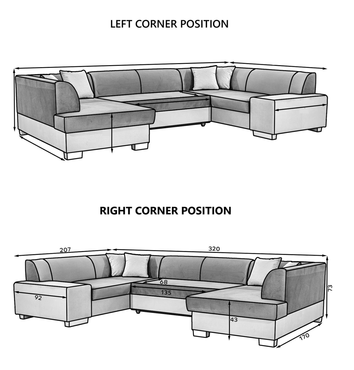 HAVANA U-Shape Corner Sofa with Sleeping Function, Storage, Various Colours Width 320 cm