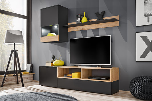 MINI Wall Unit - Compact Modern Design with LED, Black & Oak Finish, Space-Saving Storage Solution