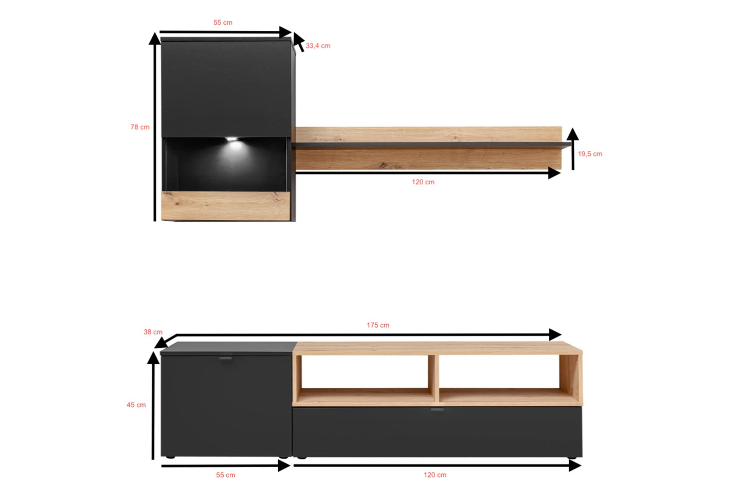 MINI Wall Unit - Compact Modern Design with LED, Black & Oak Finish, Space-Saving Storage Solution