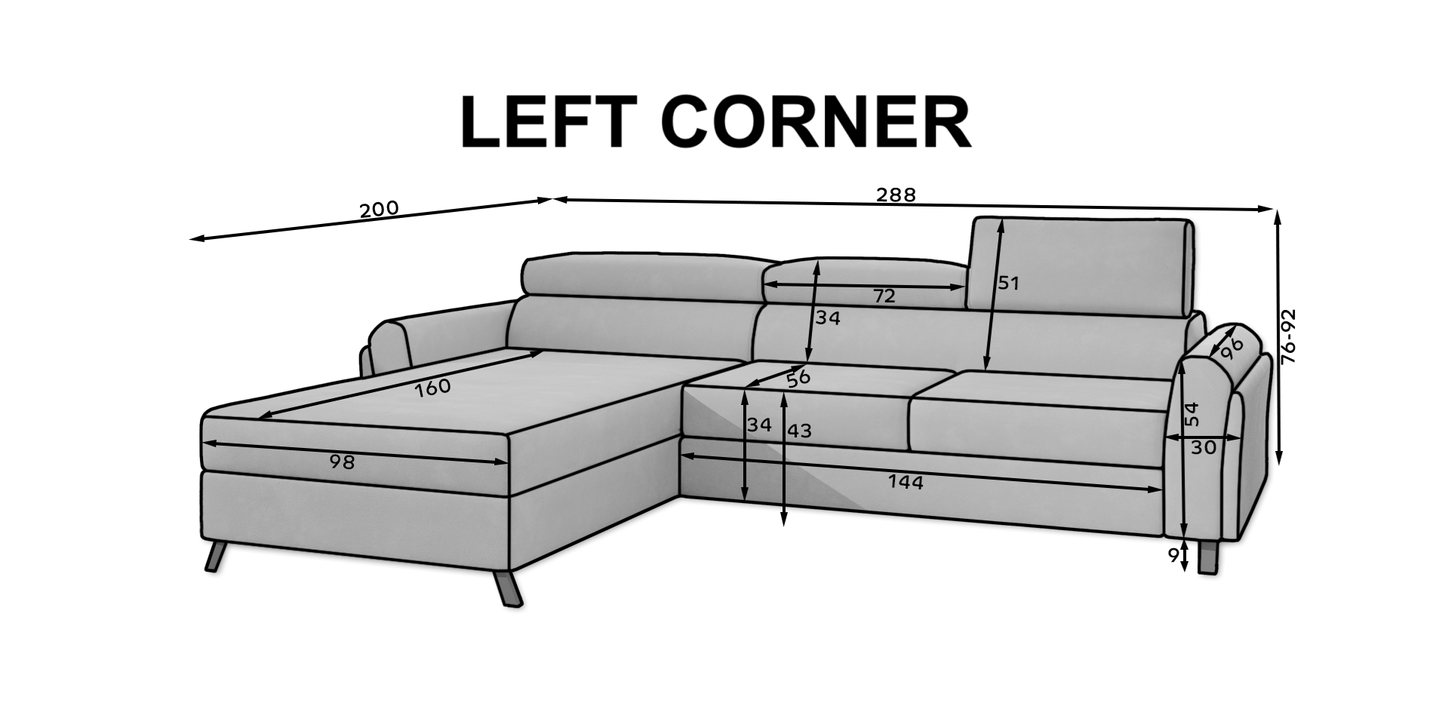 MARIALL L-Shape Corner Sofa with Sleeping Function, Storage, Adjustable headrests, Various Colours Width 288 cm