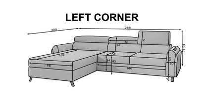 MARIALL L-Shape Corner Sofa with Sleeping Function, Storage, Adjustable headrests, Various Colours Width 288 cm