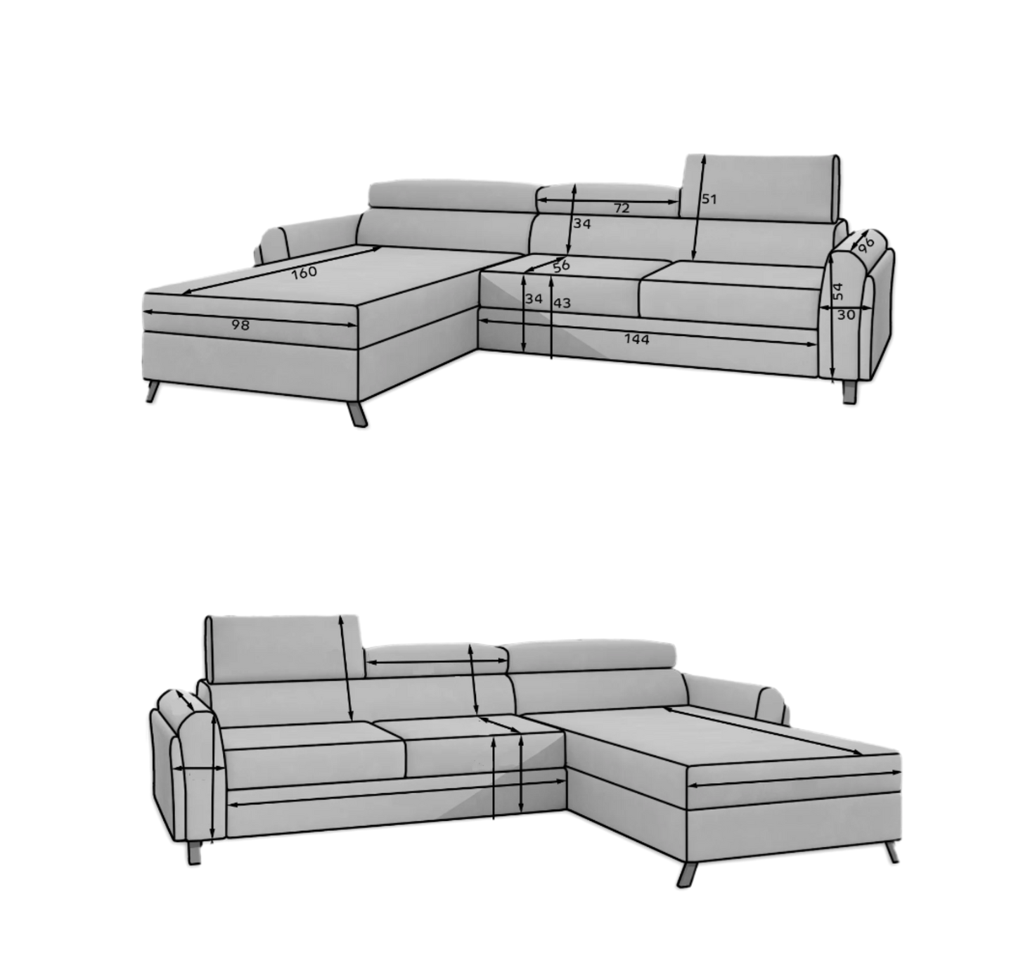 MARIALL L-Shape Corner Sofa with Sleeping Function, Storage, Adjustable headrests, Various Colours Width 288 cm