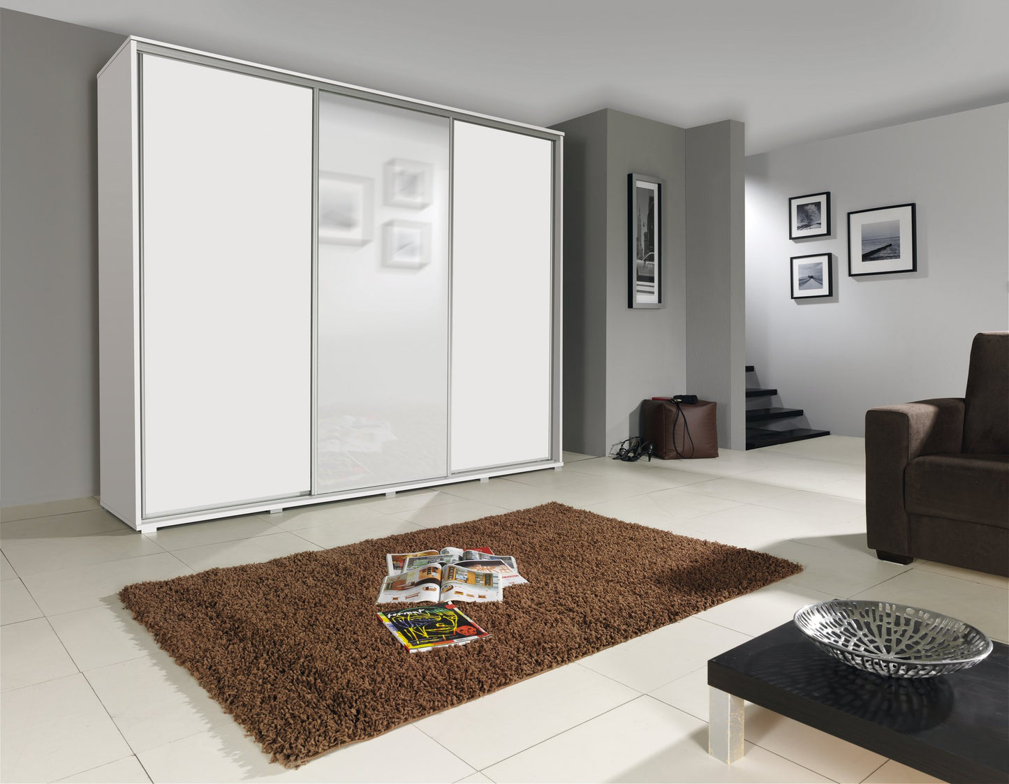 PENELOPE - 3 Sliding Doors Wardrobe with Mirror Shelves Hanging Rail Various Colours width 255 cm