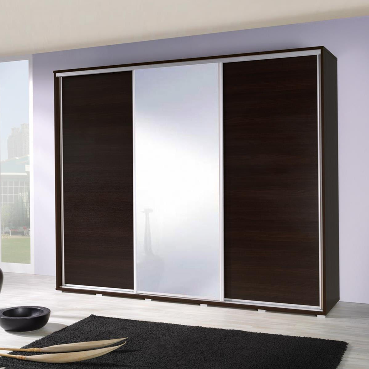 PENELOPE - 3 Sliding Doors Wardrobe with Mirror Shelves Hanging Rail Various Colours width 255 cm