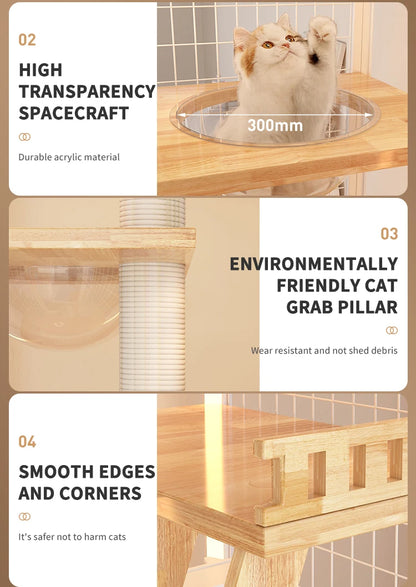 Panoramic Multi-Function Cat Villa Glass & Wood White 360 View