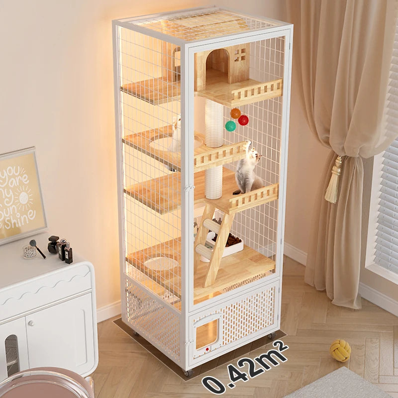 Panoramic Multi-Function Cat Villa Glass & Wood White 360 View