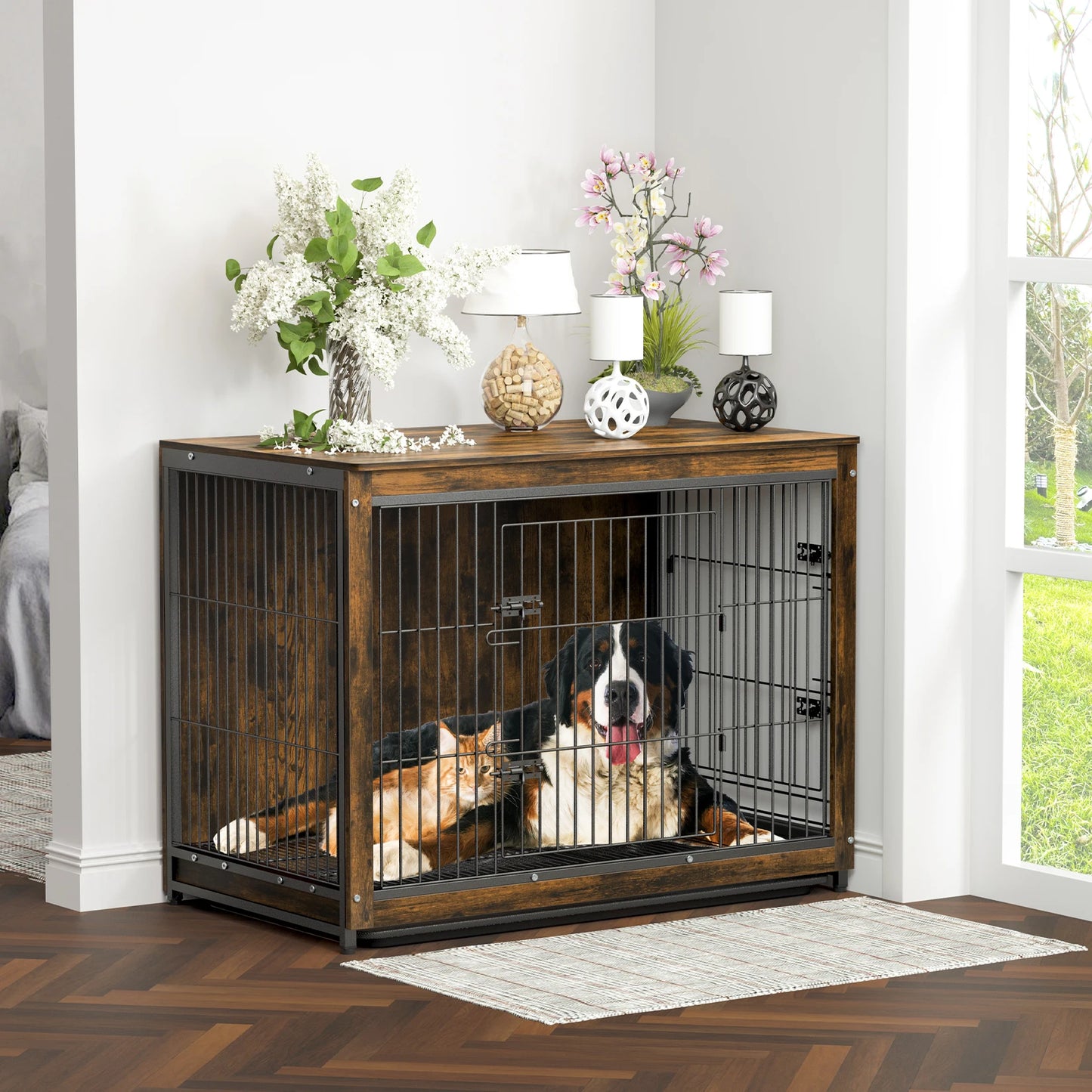 Pet Cage Kennel with 2 Doors and Removable Tray - Dog Crate & End Table S, M, L