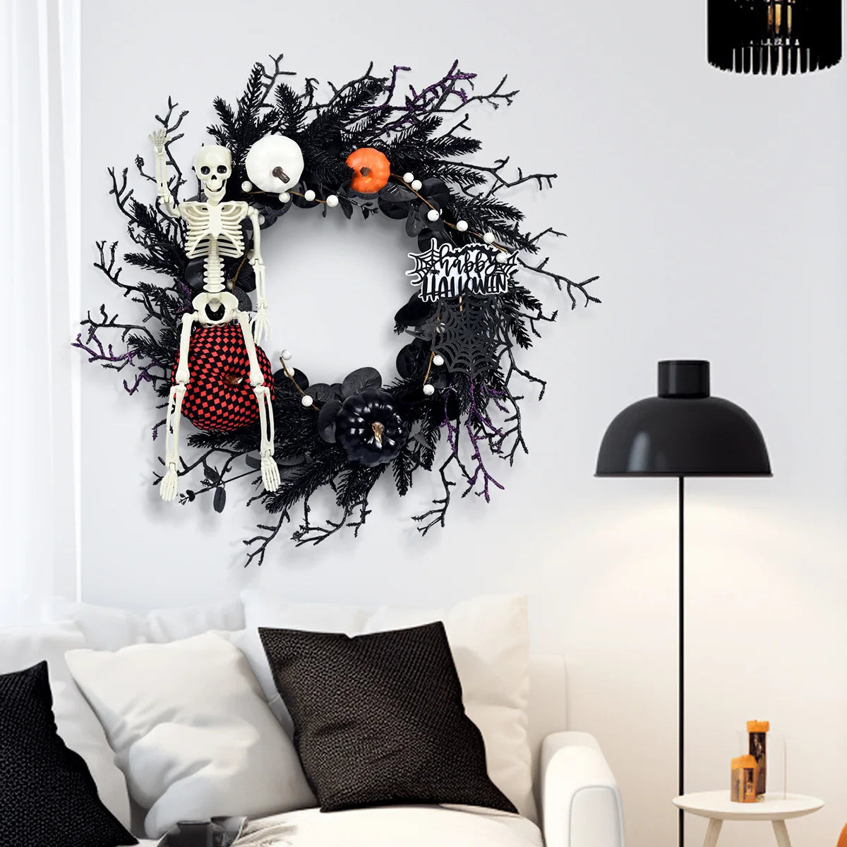 Scary Home Decor Halloween Wreath Decoration For Front Door Simulation Black Branch  Skeleton Pumpkin 50cm