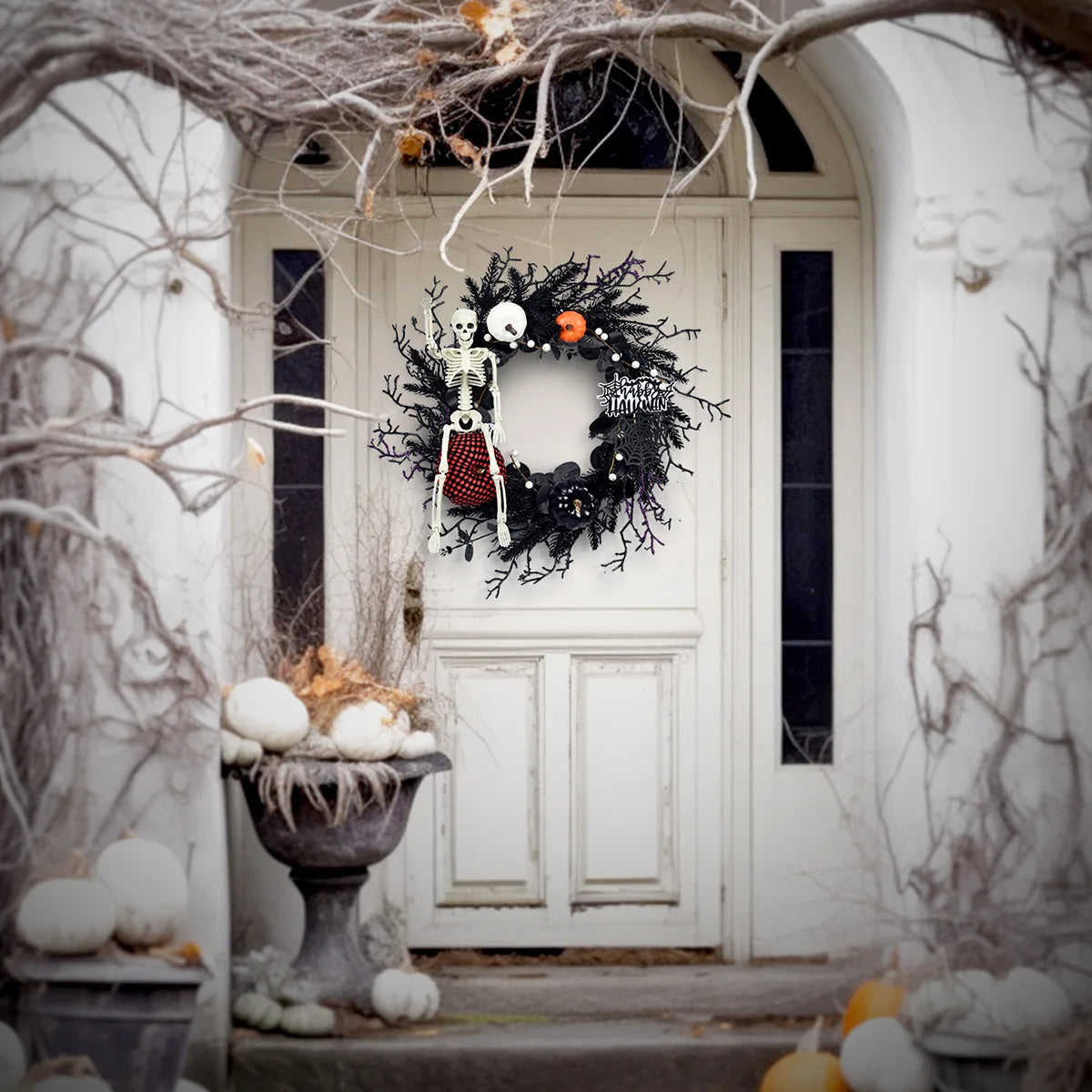 Scary Home Decor Halloween Wreath Decoration For Front Door Simulation Black Branch  Skeleton Pumpkin 50cm