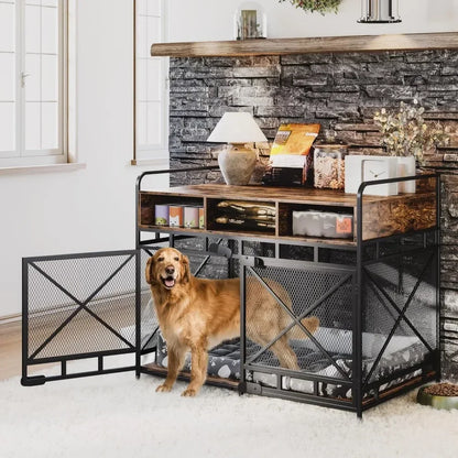 Rustic Wooden Dog Crate – Stylish & Durable Dog Kennel with Drawers for Storage