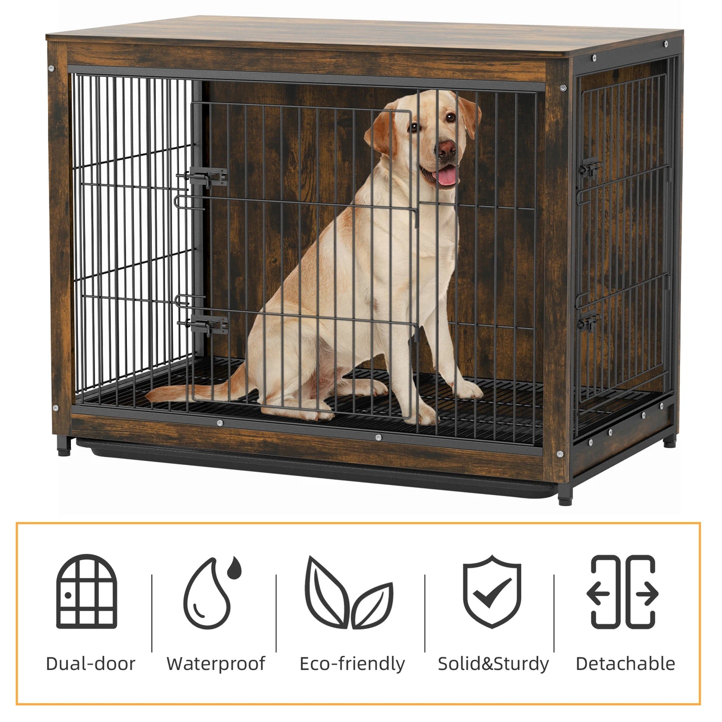 Pet Cage Kennel with 2 Doors and Removable Tray - Dog Crate & End Table S, M, L