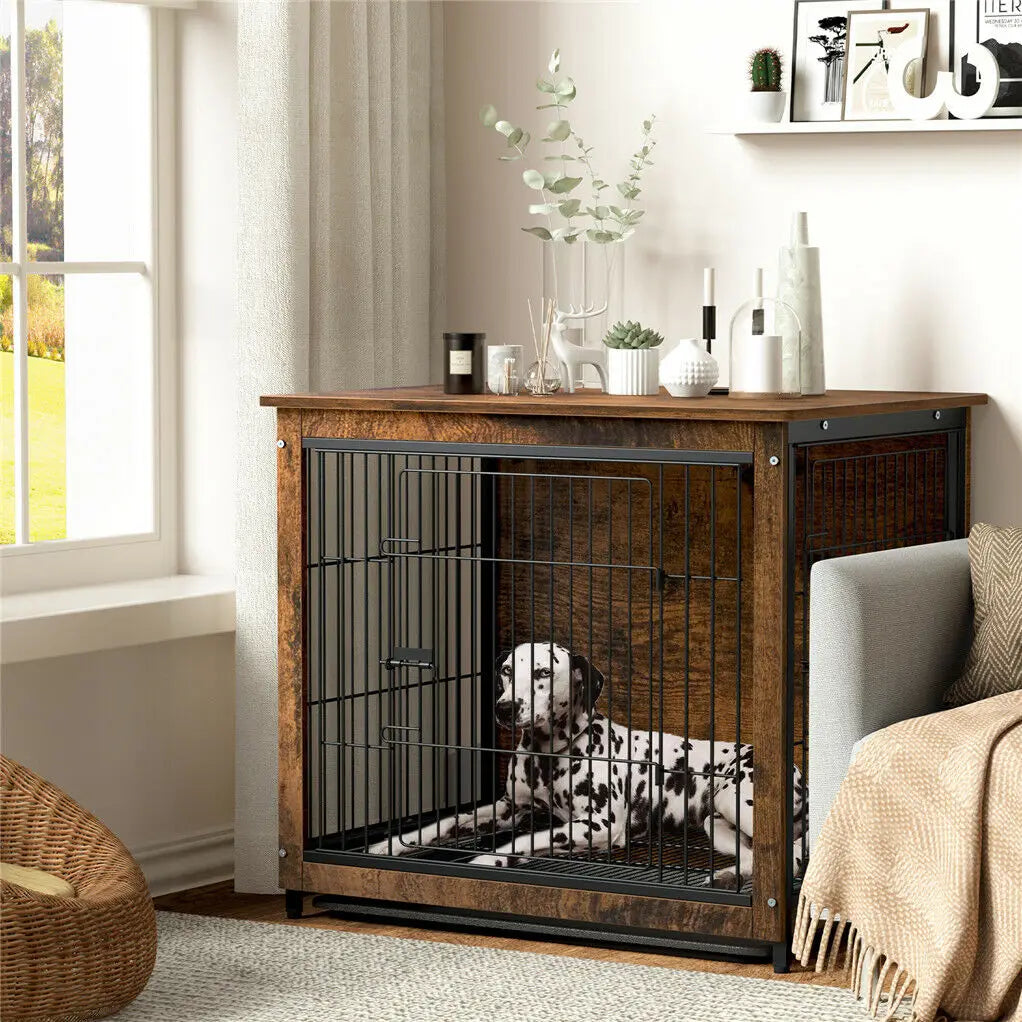 Pet Cage Kennel with 2 Doors and Removable Tray - Dog Crate & End Table S, M, L