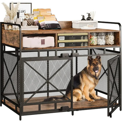 Rustic Wooden Dog Crate – Stylish & Durable Dog Kennel with Drawers for Storage