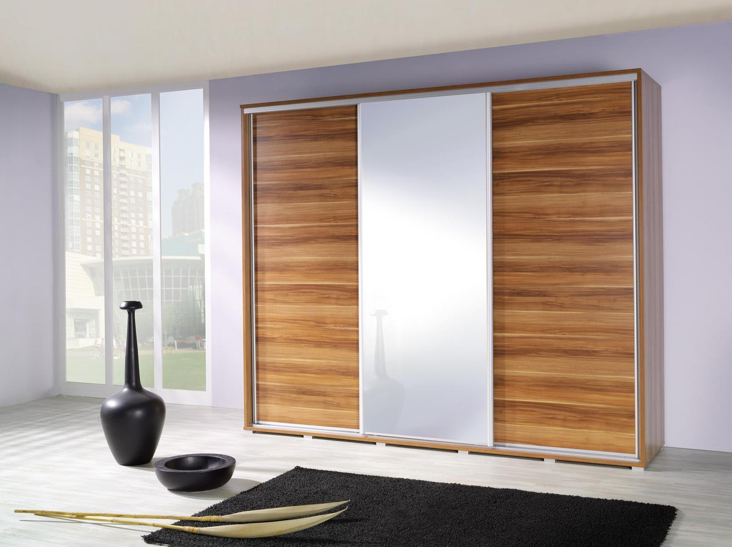 PENELOPE - 3 Sliding Doors Wardrobe with Mirror Shelves Hanging Rail Various Colours width 255 cm