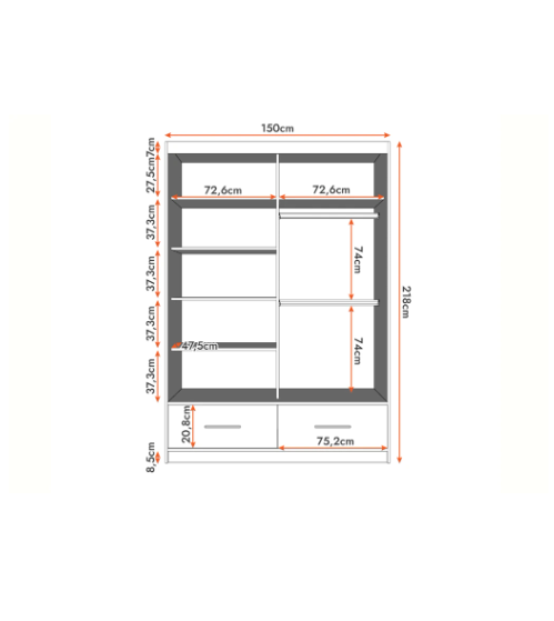 FLORINA  - 2 Sliding Doors Wardrobe High Gloss with Mirror Shelves Hanging Rails 150 cm