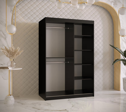 JORA 2 Slim - Black Unique Pattern Sliding Doors Wardrobe with Mirror Shelves and Hanging Rails 120 cm