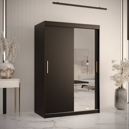 JORA 2 Slim - Black Unique Pattern Sliding Doors Wardrobe with Mirror Shelves and Hanging Rails 120 cm