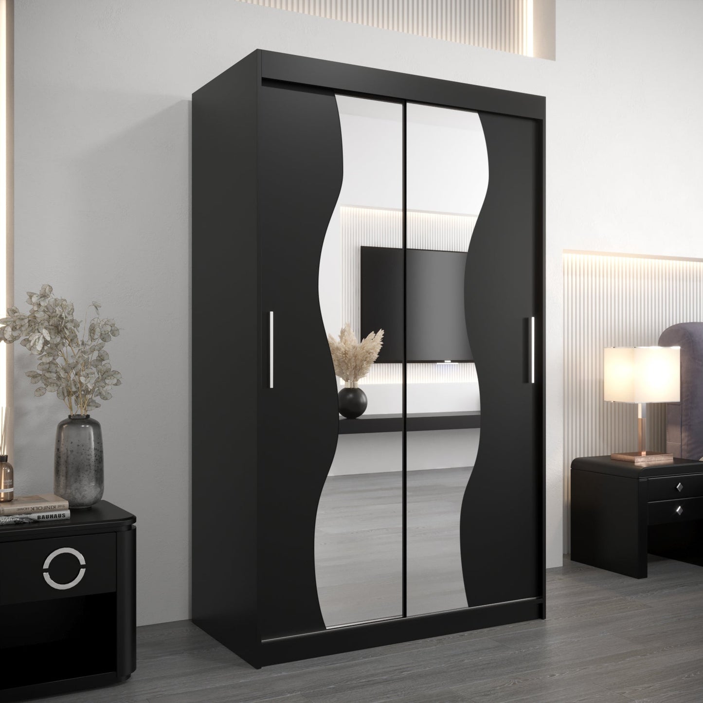 VEGAS S - Black Unique Mirror Sliding Doors Wardrobe with Shelves and Hanging Rail 120 cm