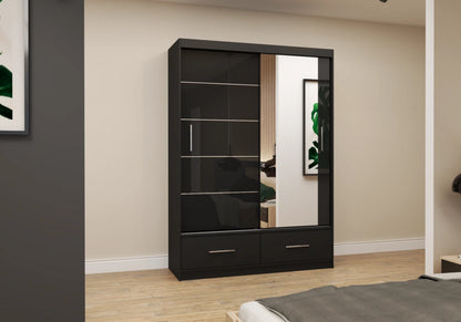 FLORINA  - 2 Sliding Doors Wardrobe High Gloss with Mirror Shelves Hanging Rails 150 cm