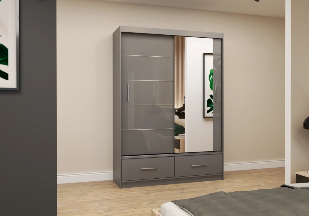 FLORINA  - 2 Sliding Doors Wardrobe High Gloss with Mirror Shelves Hanging Rails 150 cm