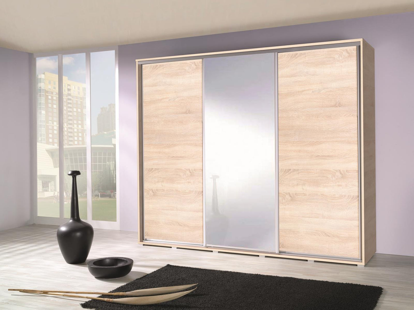 PENELOPE - 3 Sliding Doors Wardrobe with Mirror Shelves Hanging Rail Various Colours width 255 cm