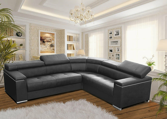 Corner Sofa Bed SILVA 1 in Dark Grey Faux Leather with Sleeping Function, Storage, Adjustable Headrests