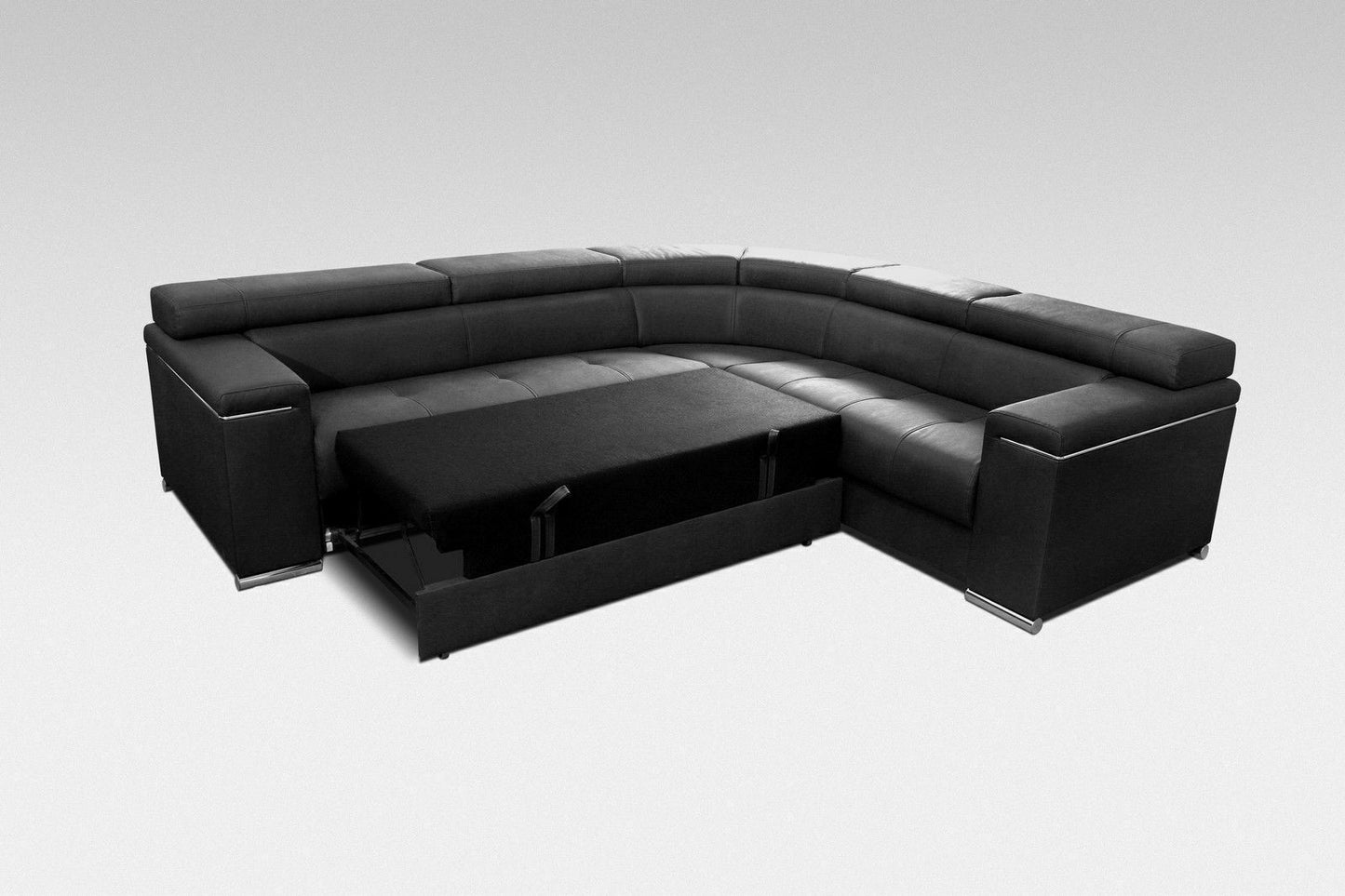 Corner Sofa Bed SILVA 1 in Black Faux Leather with Sleeping Function, Storage, Adjustable Headrests