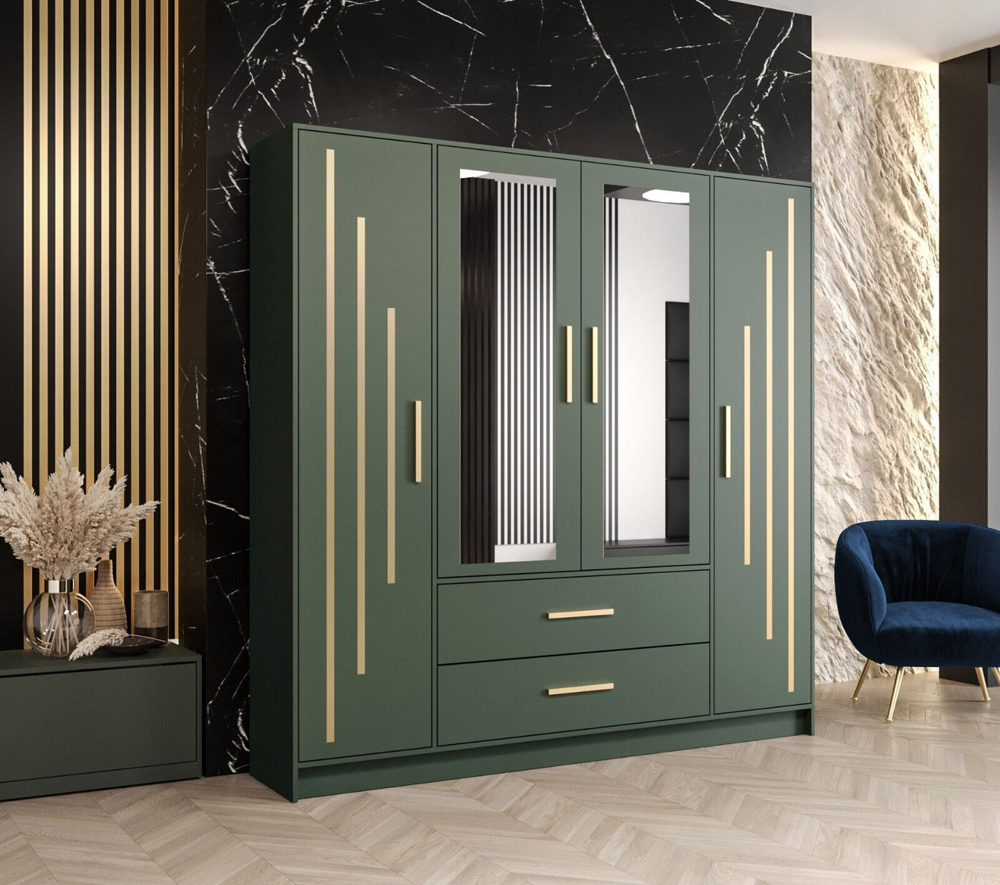 Wardrobe BERLIN 4 in colour Green 201 cm with Hanging Rail Shelves Drawer Mirror