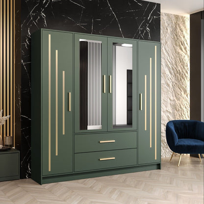 Wardrobe BERLIN 4 in colour Green 201 cm with Hanging Rail Shelves Drawer Mirror