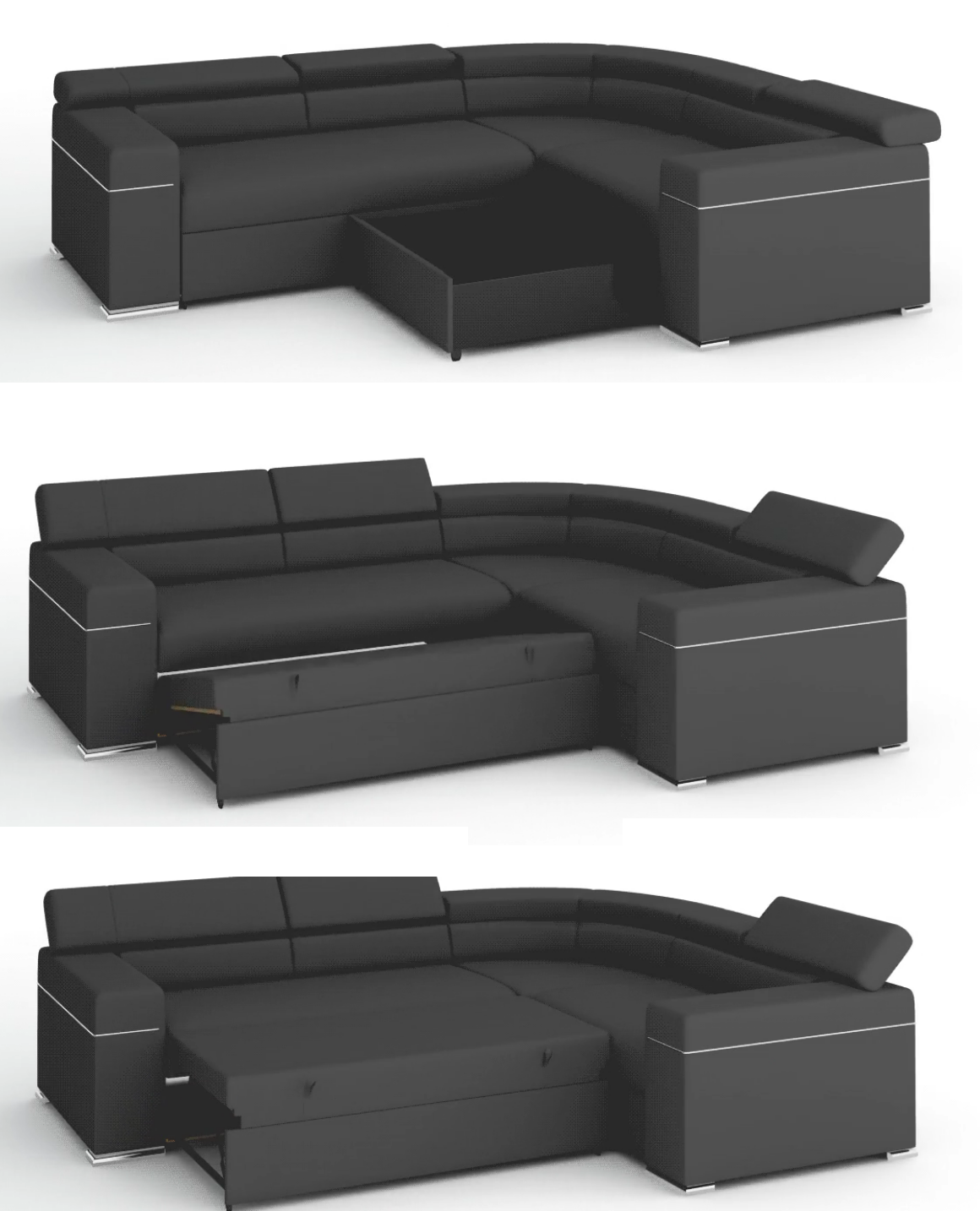 Corner Sofa Bed SILVA 1 in Black Faux Leather with Sleeping Function, Storage, Adjustable Headrests