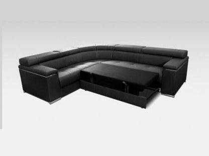 Corner Sofa Bed SILVA 1 in Black Faux Leather with Sleeping Function, Storage, Adjustable Headrests