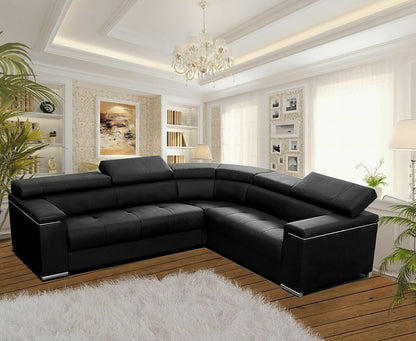 Corner Sofa Bed SILVA 1 in Black Faux Leather with Sleeping Function, Storage, Adjustable Headrests