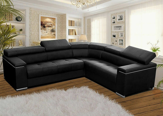 Corner Sofa Bed SILVA 1 in Black Faux Leather with Sleeping Function, Storage, Adjustable Headrests