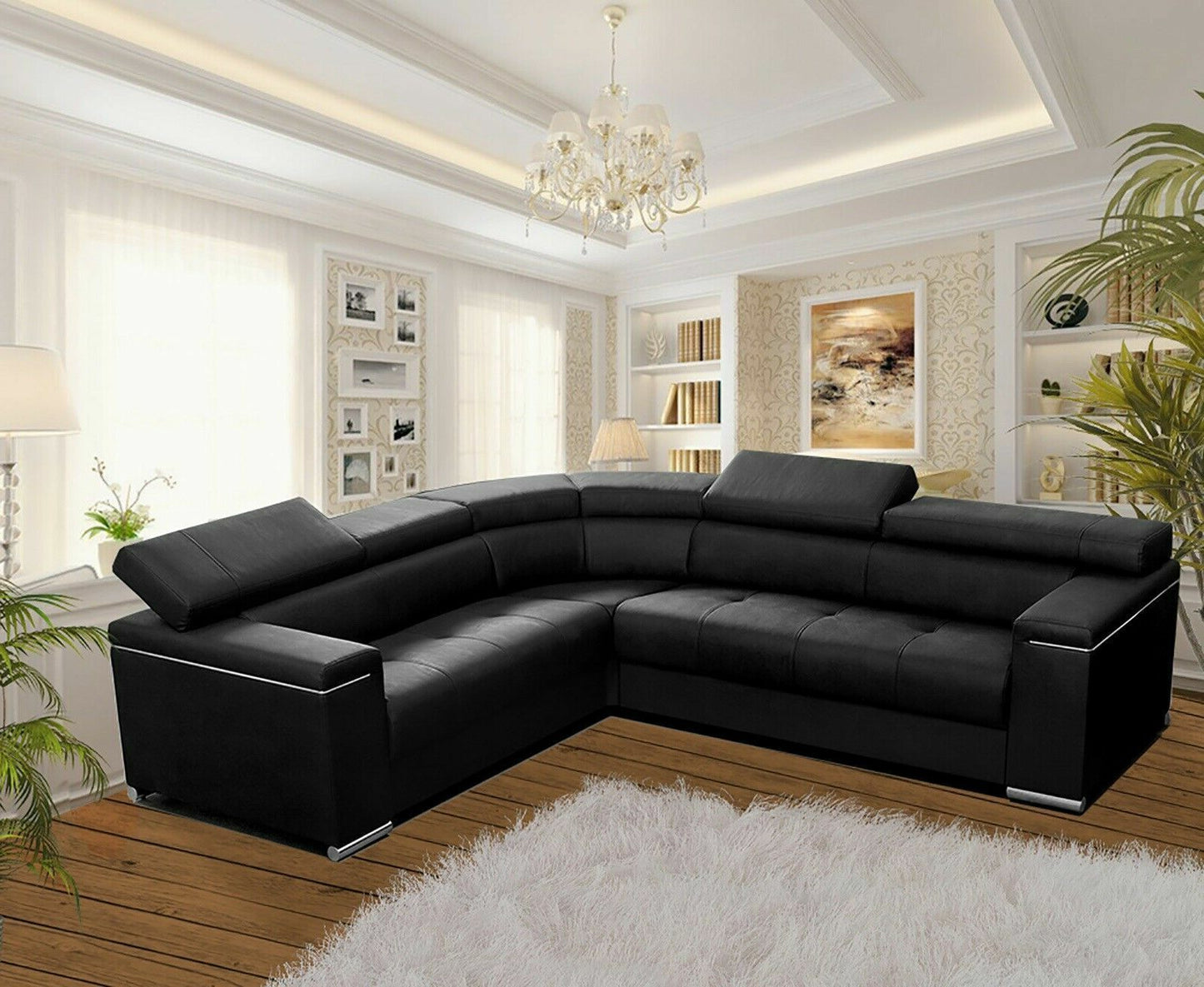 Corner Sofa Bed SILVA 1 in Black Faux Leather with Sleeping Function, Storage, Adjustable Headrests